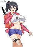  1girl back_pack black_hair breasts character_request fang fishnets hoodie huge_breasts katana kunai looking_at_viewer midriff musu_ka navel no_bra open_mouth red_eyes short_shorts side_ponytail smile solo tagme thighhighs tied_shirt underboob weapon wide_hips 