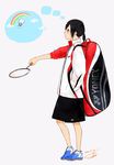  backpack badminton_racket bag black_eyes black_hair black_skirt closed_mouth cloud contrapposto dated expressionless from_side grey_background hands_in_pockets highres holding jacket long_sleeves medium_hair original ponytail profile racket rainbow sako_(user_ndpz5754) shoes simple_background skirt solo standing thinking thought_bubble white_jacket 