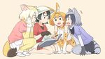  :d :o animal_ears bare_shoulders barefoot beige_background black_bow black_gloves black_hair black_neckwear black_skirt blonde_hair blue_eyes blue_shirt book book_on_lap bow bowtie brown_eyes chin_rest commentary_request common_raccoon_(kemono_friends) elbow_gloves extra_ears fang fennec_(kemono_friends) fox_ears fox_tail fur_collar gloves grey_hair grey_legwear hat hat_feather highres kaban_(kemono_friends) kasa_list kemono_friends miniskirt multicolored_hair multiple_girls open_book open_mouth pantyhose pink_sweater pleated_skirt print_gloves print_neckwear print_skirt raccoon_ears raccoon_tail reading red_shirt seiza serval_(kemono_friends) serval_ears serval_print shirt short_hair short_sleeves shorts sitting skirt sleeveless smile sweater tail thighhighs wariza white_gloves white_shirt white_skirt yellow_eyes yellow_legwear yokozuwari 
