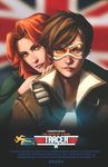  80s bangs bomber_jacket brown_hair commentary couple earrings emily_(overwatch) english forehead freckles goggles jacket jewelry kathryn_layno long_hair movie_poster multiple_girls oldschool orange_hair overwatch parody poster swept_bangs top_gun tracer_(overwatch) union_jack yuri 