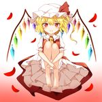  ascot barefoot blonde_hair bloomers blush commentary_request feet flandre_scarlet leg_hug looking_at_viewer petals petticoat red_eyes short_hair_with_long_locks short_sleeves skirt slit_pupils smile solo toes touhou underwear vest wings yururi_nano 