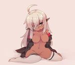  ahoge borrowed_character breasts bright_pupils brown_eyes dark_skin eyepatch full_body grey_legwear head_tilt highres large_breasts long_hair medical_eyepatch navel nipples nude off_shoulder original pointy_ears red_miso sagging_breasts sidelocks sitting solo thighhighs tongue tongue_out wariza white_pupils 