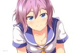 aoba_(kantai_collection) blue_eyes breasts cleavage commentary kakiha_makoto kantai_collection looking_at_viewer medium_breasts messy_hair neckerchief purple_hair school_uniform serafuku short_sleeves simple_background smile solo upper_body white_background yellow_neckwear 