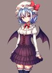  &gt;:) alternate_costume arms_at_sides bad_id bad_pixiv_id bat_wings black_legwear black_wings blue_hair blush bow bowtie center_frills closed_mouth corset cowboy_shot hat hat_bow highres juliet_sleeves junior27016 layered_skirt leg_garter legs_together long_sleeves looking_at_viewer mob_cap puffy_sleeves purple_skirt red_bow red_eyes red_neckwear remilia_scarlet shirt short_hair simple_background skirt smile solo standing thighhighs touhou tsurime v-shaped_eyebrows white_hat white_shirt wings zettai_ryouiki 