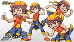  bandana bright_pupils brown_eyes brown_hair character_name character_sheet clenched_hands clenched_teeth clothes_around_waist crocs grey_background grin halftone halftone_background igarashi_jou jacket_around_waist male_focus mushiking official_art orange_shirt pointing pointing_at_self shin_kouchuu_ouja_mushiking shirataki shirt short_hair simple_background smile squatting t-shirt tan teeth thumbs_up tied_sleeves watermark white_background wiping_nose 