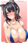  absurdres animal_ear_fluff animal_ears ar_(lover_boy) bikini black_hair blue_bikini blush border breasts cleavage collarbone eyebrows_visible_through_hair highres huge_breasts kantai_collection looking_at_viewer outside_border red_background red_eyes shiny shiny_hair short_hair simple_background skindentation solo swimsuit takao_(kantai_collection) twitter_username upper_body white_border 