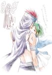  1girl blue_eyes blush boots box cape cardboard_box closed_eyes couple directional_arrow fire_emblem fire_emblem:_rekka_no_ken gloves green_hair hairband height_difference hetero hira_(otemoto84) hug jaffar_(fire_emblem) nino_(fire_emblem) on_box red_hair short_hair simple_background skirt standing standing_on_object tiptoes translation_request white_background 