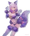  :d animal_ears blush bow breasts bright_pupils cleavage cowboy_shot dangerous_beast detached_collar elbow_gloves eyebrows_visible_through_hair fate/grand_order fate_(series) flying_sweatdrops fur-trimmed_legwear fur_collar fur_trim glint gloves hair_over_one_eye hands_up lace lace-trimmed_thighhighs large_breasts leaning_forward looking_at_viewer mash_kyrielight navel open_mouth purple_bow purple_eyes purple_gloves purple_hair revealing_clothes shiny shiny_hair short_hair shutsuri simple_background smile solo standing stomach tail tareme thighhighs twitter_username w_arms white_background wolf_ears wolf_tail 