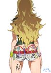  ass back belt blonde_hair body_writing clothes_writing commentary_request condom condom_belt condom_ornament facing_away highleg highleg_panties highres hoshii_miki idolmaster idolmaster_(classic) long_hair panties red_panties revision short_shorts shorts simple_background solo suna tally thong translation_request underwear used_condom whale_tail white_background 