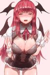  bangs black_skirt blush breasts cleavage condom cowboy_shot cum cumdrip demon_wings gradient gradient_background head_wings heart heart-shaped_pupils highres holding kaizu_(kaizukurodai) koakuma large_breasts leaning_forward long_hair looking_at_viewer microskirt open_mouth puffy_short_sleeves puffy_sleeves red_eyes red_hair shiny shiny_hair short_sleeves skirt smile solo sweat symbol-shaped_pupils touhou used_condom wings wrist_cuffs 
