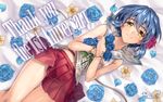  anniversary artist_name bangle belly_peek blue_flower blue_hair blue_rose blush bracelet closed_mouth commentary_request english eyebrows_visible_through_hair flower hair_between_eyes hair_flower hair_ornament hands_on_own_chest head_tilt jewelry looking_at_viewer lying matsusatoru_kouji nakanobe_mayumi number official_art on_back petals pleated_skirt red_flower red_rose red_skirt rose sailor_collar shirt shizuku_no_oto short_hair signature skirt sleeveless sleeveless_shirt smile solo yellow_eyes 