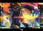  asymmetrical_hair backlighting blonde_hair bubble buttons city closed_mouth collared_shirt commentary_request diffraction_spikes domino_mask hat highres holding holding_weapon inkling kashu_(hizake) lamppost letterboxed long_hair mask outdoors shirt short_sleeves solo splatoon_(series) splatoon_2 standing tentacle_hair twilight upper_body weapon wing_collar yellow_eyes yellow_hat 