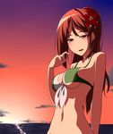  amagi_(kantai_collection) beach bikini breasts brown_eyes brown_hair commentary_request flower front-tie_top hair_flower hair_ornament hand_up kantai_collection long_hair medium_breasts open_mouth smile solo sunset swimsuit toho-77 