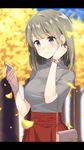  autumn_leaves bag bangs blue_sky blurry blurry_background blush breasts cellphone commentary_request cowboy_shot day depth_of_field eyebrows_visible_through_hair ginkgo ginkgo_leaf grey_hair hair_tousle highres holding holding_phone large_breasts leaf letterboxed long_hair looking_at_phone looking_at_viewer masuishi_kinoto original outdoors phone purple_eyes short_sleeves shoulder_bag skirt sky smartphone smile solo sparkle tree watch wristwatch 