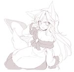  animal_ears breasts cleavage commentary_request dress fang imaizumi_kagerou long_hair long_sleeves looking_at_viewer medium_breasts off-shoulder_dress off_shoulder open_mouth satou_kibi sidelocks sitting sketch smile solo tail touhou white_background wide_sleeves wolf_ears wolf_tail 