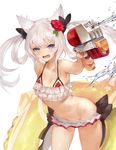  aiming_at_viewer animal_ears arm_behind_back azur_lane bangs bikini bikini_skirt blue_eyes cat_ears cowboy_shot fang firing flower frilled_bikini frills groin gun hair_flower hair_ornament hair_ribbon hair_rings hammann_(azur_lane) holding holding_gun holding_weapon innertube leaning_forward long_hair looking_at_viewer n.a. open_mouth outstretched_arm red_flower red_rose ribbon rose simple_background solo swimsuit tearing_up tears twintails water water_drop water_gun weapon white_background white_hair yellow_innertube 