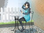  ahoge black_footwear black_hair black_legwear blue_dress book brick_wall day dress fence hand_up holding holding_book hotaru_natsuna long_hair looking_at_viewer mega30000 outdoors pantyhose picket_fence purple_eyes shoes sitting solo table wizard_barristers:_benmashi_cecil wooden_fence 