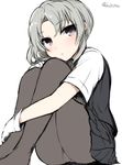  asymmetrical_hair bangs black_skirt blouse don_(29219) kantai_collection looking_at_viewer nowaki_(kantai_collection) pantyhose pleated_skirt silver_eyes silver_hair simple_background sitting skirt solo swept_bangs twitter_username white_background white_blouse 