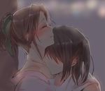  bare_shoulders blurry blurry_background blush brown_eyes brown_hair closed_eyes collarbone gradient gradient_background green_ribbon hair_ribbon highres japanese_clothes jintsuu_(kantai_collection) kantai_collection kimono kiss long_hair multiple_girls pink_kimono ponytail remodel_(kantai_collection) ribbon scarf sendai_(kantai_collection) sorimachi-doufu sweat sweatdrop two_side_up white_scarf yuri 