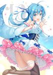  ahoge bare_shoulders blue_eyes blue_hair blush breasts commentary_request corset dress frilled_dress frills hair_ornament kneeling long_hair looking_at_viewer medium_breasts open_mouth pixiv pixiv-tan smile solo sparkle stylus thighhighs tokki wide_sleeves 