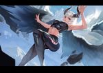  armpits blue_eyes cloud day flying horns lips midriff mountain navel original ray_(nagaseray) silver_hair skin_tight sky solo tower wings zipper 