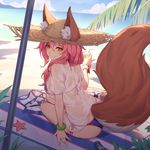  animal_ears bangs beach beach_umbrella bikini blue_bikini blue_sky bracelet breasts closed_mouth cloud cloudy_sky cup day drinking_glass drinking_straw fate/grand_order fate_(series) fox_ears fox_tail hair_between_eyes hair_over_shoulder hand_up hat highres holding holding_cup horizon jewelry long_hair looking_back medium_breasts nian outdoors palm_tree pink_hair see-through shade shirt short_sleeves side-tie_bikini sidelocks sitting sky smile solo straw_hat striped_towel sun_hat swimsuit t-shirt tail tamamo_(fate)_(all) tamamo_no_mae_(fate) tamamo_no_mae_(swimsuit_lancer)_(fate) towel tree umbrella wet wet_clothes wet_shirt white_shirt yellow_eyes yokozuwari 