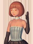  artist_name bangs barcode bare_shoulders bellhenge black_gloves black_hair bob_cut breasts brown_hair choker collarbone commentary dress elbow_gloves gloves orange_eyes original short_hair small_breasts solo strapless strapless_dress 