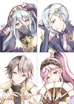  2girls aqua_(fire_emblem_if) atoatto azur_(fire_emblem) blue_eyes blue_hair fingerless_gloves fire_emblem fire_emblem:_kakusei fire_emblem_heroes fire_emblem_if gloves hair_between_eyes hair_over_one_eye long_hair looking_at_viewer mother_and_son multiple_boys multiple_girls olivia_(fire_emblem) open_mouth pink_hair polearm shigure_(fire_emblem_if) short_hair sidelocks simple_background smile weapon yellow_eyes 