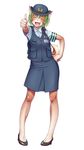  animal_ears armpit_peek dog_ears dog_girl dog_tail female_service_cap full_body furry green_eyes green_hair hand_on_hip highres pigeon-toed short_hair simple_background solo standing tail tewatasanaiinu thumbs_up tokyo_metropolitan_police_department white_background wokada 