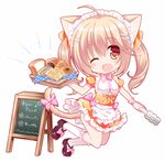  ;d ahoge animal_ears apron basket black_footwear blush bow bread brown_eyes cat_ears cat_girl cat_tail chibi commentary_request croissant eyebrows_visible_through_hair fang food frilled_apron frilled_legwear frilled_skirt frills hair_between_eyes hair_ornament hair_ribbon hairclip head_tilt holding holding_basket kneehighs light_brown_hair long_hair looking_at_viewer maid_headdress one_eye_closed open_mouth orange_ribbon orange_shirt orange_skirt original pink_bow plaid puffy_short_sleeves puffy_sleeves ribbon sandwich shikito shirt shoes short_sleeves sidelocks sign skirt smile solo sparkle star tail tail_bow tongs twintails waist_apron waitress white_apron white_background white_legwear wrist_cuffs 