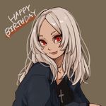  :p blue_jacket closed_mouth commentary_request cross cross_necklace english grey_background happy_birthday jacket jewelry long_hair long_sleeves looking_at_viewer necklace red_eyes sako_(user_ndpz5754) shirt silver_hair simple_background smile solo tongue tongue_out white_shirt 