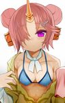  bandaged_arm bandages bare_shoulders bikini blue_bikini breasts cleavage detached_sleeves double_bun fate/grand_order fate_(series) frankenstein's_monster_(fate) frankenstein's_monster_(swimsuit_saber)_(fate) hair_ornament hair_over_one_eye highres horn izuoku looking_at_viewer medium_breasts pink_hair purple_eyes simple_background sleeves_past_wrists solo swimsuit wet white_background 