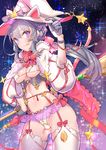  :p breasts broom cleavage covered_nipples garter_belt gloves grey_gloves grey_hair hat long_hair looking_at_viewer navel original ponytail purple_eyes small_breasts smile solo tajima_ryuushi thighhighs tongue tongue_out white_legwear witch witch_hat 