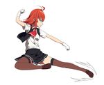  ahoge arashi_(kantai_collection) black_skirt brown_eyes brown_footwear clenched_teeth commentary_request eyebrows_visible_through_hair flying_kick gloves kantai_collection kicking pleated_skirt red_hair ribbon school_uniform see-through shirt shoes short_hair simple_background skirt smile solo speed_lines teeth thighhighs toho-77 white_background white_gloves white_shirt 