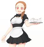  :d apron bow bowtie braid brown_hair cowboy_shot cup long_hair looking_at_viewer maid open_mouth original red_eyes simple_background single_braid smile solo teacup tray waitress white_background yajirushi_(chanoma) 