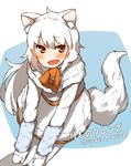  :o albino amonitto animal_ears arctic_fox_(kemono_friends) arm_warmers belt blush brown_belt brown_ribbon capelet commentary_request dress eyebrows_visible_through_hair eyelashes fang fox_ears fox_tail fur-trimmed_capelet fur-trimmed_dress fur_trim gloves hair_between_eyes hands_on_own_knees kemono_friends knees_together_feet_apart leaning_forward long_hair long_sleeves looking_at_viewer neck_ribbon open_mouth pantyhose red_eyes ribbon solo standing tail translation_request tsurime two-tone_background white_background white_dress white_gloves white_hair white_legwear 