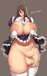 1girl aa_megami-sama ahoge areolae blush breasts breasts_outside brown_eyes brown_hair censored curvy dress erection futanari huge_breasts large_areolae large_penis long_hair looking_at_viewer nipples penis plump skuld smile solo sweat testicles thick_thighs thighhighs waterproof-pigeon wide_hips 