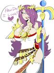  1girl blush breasts camilla_(fire_emblem_if) choker cleavage cosplay english fire_emblem fire_emblem_if hair_over_one_eye half-closed_eyes hands_up heart highres jinu kid_icarus large_breasts long_hair looking_to_the_side nintendo open_mouth palutena palutena_(cosplay) pink_eyes purple_eyes purple_hair simple_background smile solo spoken_heart staff standing teeth text thighhighs white_background white_legwear 