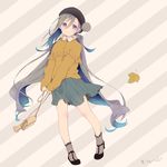  alternate_costume bag beret black_hat blue_hair brown_shirt colis commentary_request full_body grey_eyes grey_hair grey_skirt hair_between_eyes handbag hat kantai_collection kiyoshimo_(kantai_collection) leaf long_hair long_sleeves low_twintails multicolored_hair shirt skirt smile solo striped striped_background twintails twitter_username very_long_hair yellow_shirt 