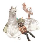  alpaca alpaca_suri_(kemono_friends) animal animalization artist_name backpack backpack_removed bag bag_removed bird black_gloves black_hair black_legwear brown_footwear closed_eyes crested_ibis cup dappled_sunlight dot_nose drink drinking full_body gloves hair_between_eyes harmonica hat hat_feather helmet instrument japanese_crested_ibis japanese_crested_ibis_(kemono_friends) kab00m_chuck kaban_(kemono_friends) kemono_friends loafers pantyhose pantyhose_under_shorts pith_helmet saucer shoes short_hair short_sleeves shorts signature simple_background sitting sunlight teacup traditional_clothes wavy_hair white_background 