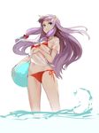  absurdres ball beachball bikini blue_bow blue_eyes bow breasts crescent crescent_hair_ornament floating_hair front-tie_top hair_bow hair_ornament highres homo_1121 large_breasts long_hair micro_bikini patchouli_knowledge purple_hair red_bikini red_bow see-through shirt side-tie_bikini sidelocks simple_background smile solo standing swimsuit tied_shirt touhou underboob wading water white_background white_shirt 