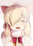  :d ^_^ ^o^ alpaca_ears alpaca_suri_(kemono_friends) animal_ears blonde_hair blush closed_eyes commentary_request facing_viewer fur-trimmed_sleeves fur_collar fur_trim gradient gradient_background hair_over_one_eye hair_tie hand_on_own_cheek happy highres kemono_friends long_hair long_sleeves open_mouth red_ribbon ribbon sidelocks smile solo upper_body white_background yasume_yukito 