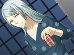  drink dutch_angle hachiya_mitsuhisa indoors long_hair looking_at_viewer male_focus mega30000 polka_dot silver_hair solo wizard_barristers:_benmashi_cecil yellow_eyes 