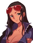  1girl alone black_hair blue_eyes breasts cleavage female large_breasts leather_vest long_hair nico_robin one_piece simple_background smile solo sunglasses sunglasses_on_head white_background 