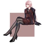  bangs black_gloves black_legwear black_neckwear breasts brown_jacket brown_skirt closed_mouth commentary_request crossed_legs fate/grand_order fate_(series) florence_nightingale_(fate/grand_order) formal full_body gloves high_heels hug_(yourhug) invisible_chair jacket jacket_on_shoulders long_hair looking_at_viewer medium_breasts necktie pantyhose pink_hair red_eyes sitting skirt skirt_suit solo suit suit_jacket 