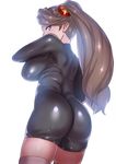  ass black_bodysuit bodysuit breasts brown_eyes brown_hair commentary_request cowboy_shot from_side gundam gundam_build_fighters gundam_build_fighters_try jack_hamster large_breasts long_hair looking_at_viewer looking_to_the_side profile sazaki_kaoruko simple_background skin_tight solo spandex twintails white_background 