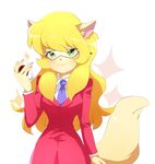  1girl animal_ears blonde_hair callie_briggs cat cat_ears communicator furry green_eyes long_hair necktie smile suit swat_kats tail tie unichrome-uni 