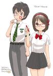  1girl belt bespectacled blush brown_eyes brown_hair commentary_request copyright_name dated face_painting glasses green_neckwear hair_ribbon kasagi_toshihiko kimi_no_na_wa marker miyamizu_mitsuha necktie one_eye_closed red_ribbon ribbon school_uniform short_sleeves smile striped striped_neckwear tachibana_taki 