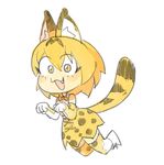  animal_ears blonde_hair bow bowtie cross-laced_clothes elbow_gloves fang fur_collar gloves high-waist_skirt kemono_friends looking_at_viewer open_mouth serval serval_(kemono_friends) serval_ears serval_print serval_tail shirt skirt sleeveless sleeveless_shirt solo striped_tail tail temmie_chang yellow_eyes 