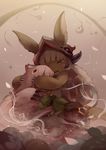  animal_ears artist_name bangs blurry bunny_ears claws closed_eyes commentary_request creature depth_of_field ears_through_headwear eyebrows_visible_through_hair facing_viewer furry helmet horns hug long_hair made_in_abyss mitty_(made_in_abyss) nanachi_(made_in_abyss) noeyebrow_(mauve) open_mouth petals stuffed_animal stuffed_toy tail tearing_up tears teeth whiskers white_hair 